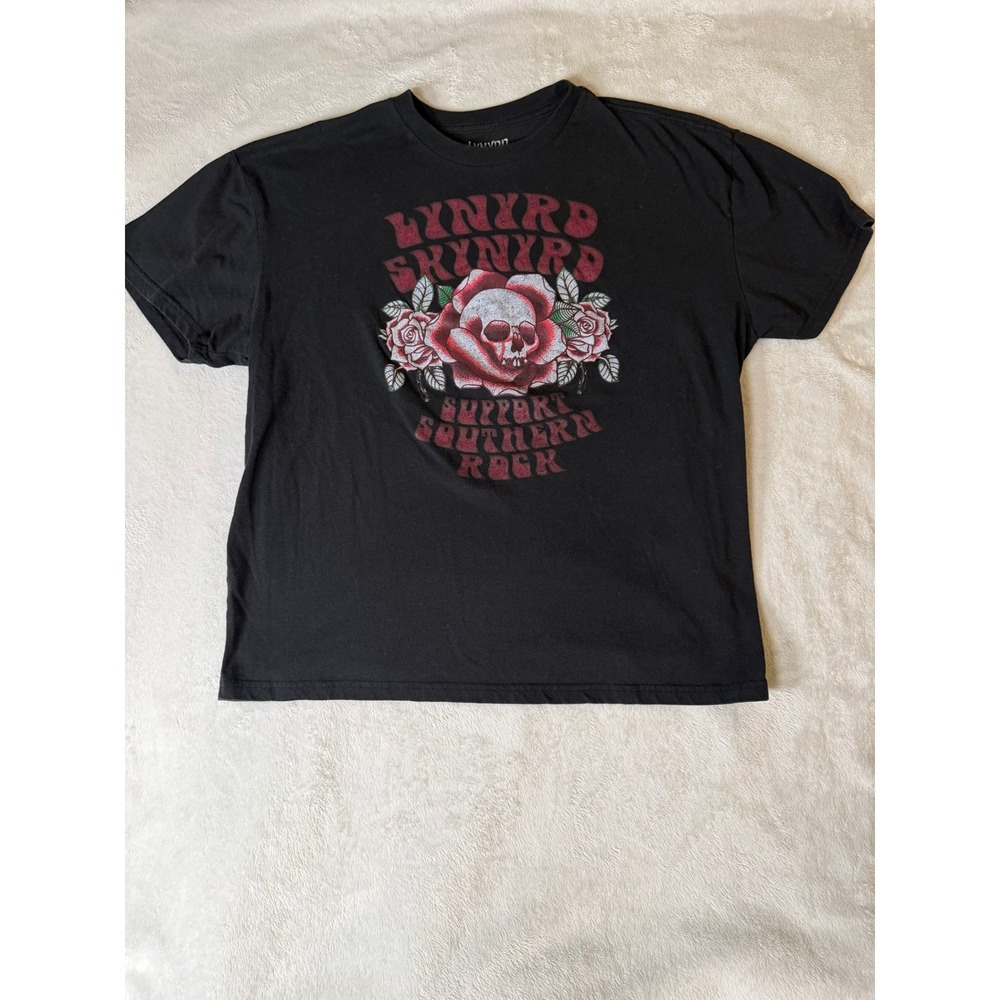 Lynyrd Skynyrd Support Southern Rock Skull Rose Graphic T-Shirt Black Large